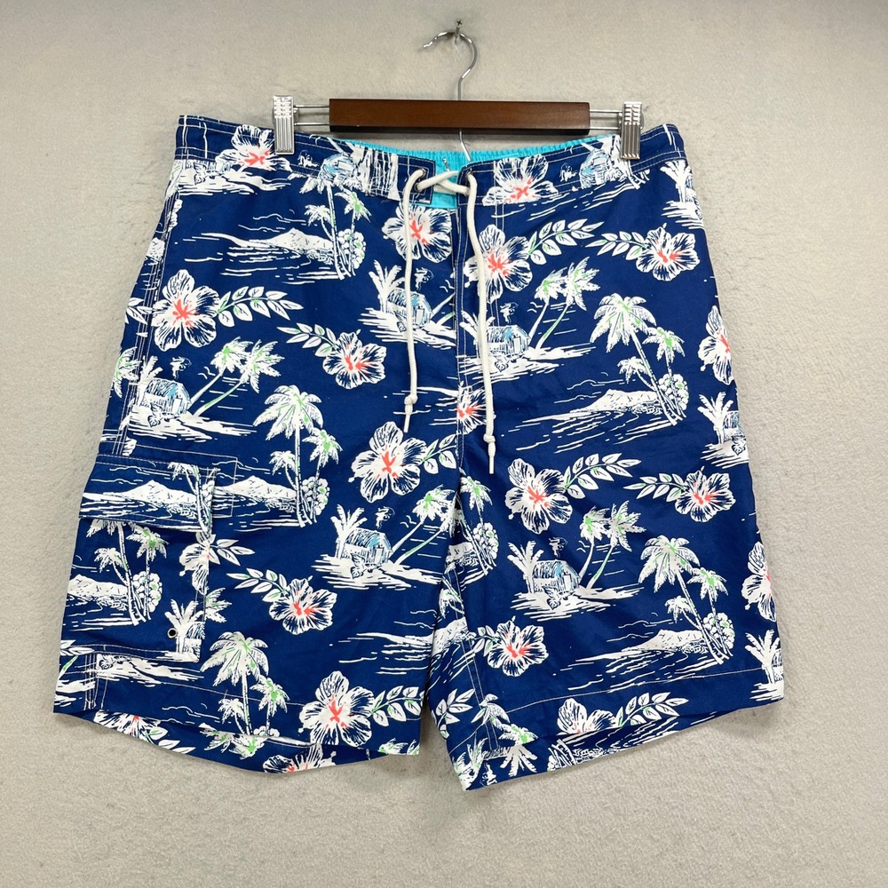 Chaps Swim Trunks Mens XL Blue Floral Tropical Hibiscus Cargo Board Shorts Beach